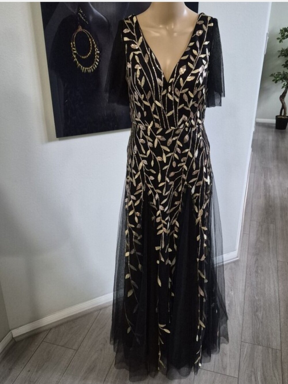 Ever Pretty Black Maxi Dress with Gold Leaf Embroidery